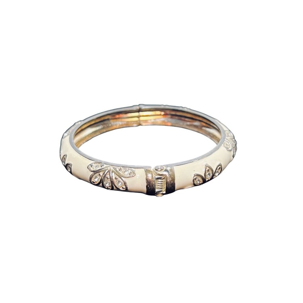 Gold Tone Cream Enamel And Rhinestone Hinged Bangle Bracelet (6149) - Picture 5 of 5
